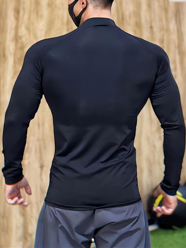 Men's Solid Long Sleeve Compression Sports Tee, Tight-fitting Breathable Quick Drying Sports T-shirt, Men's Sportswear for Indoor Outdoor Wear