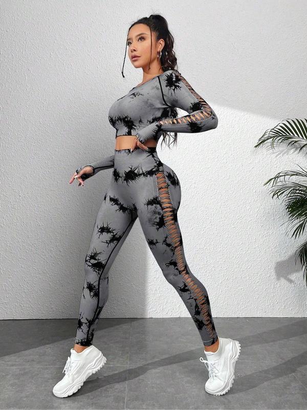 Two-Piece Set Women's Tie Dye Print Hollow Out Long Sleeve Crop Tee & High Waist Leggings Tracksuit Set, Sporty Round Neck Raglan Sleeve Top & Pants Sports Set Fall Outfits