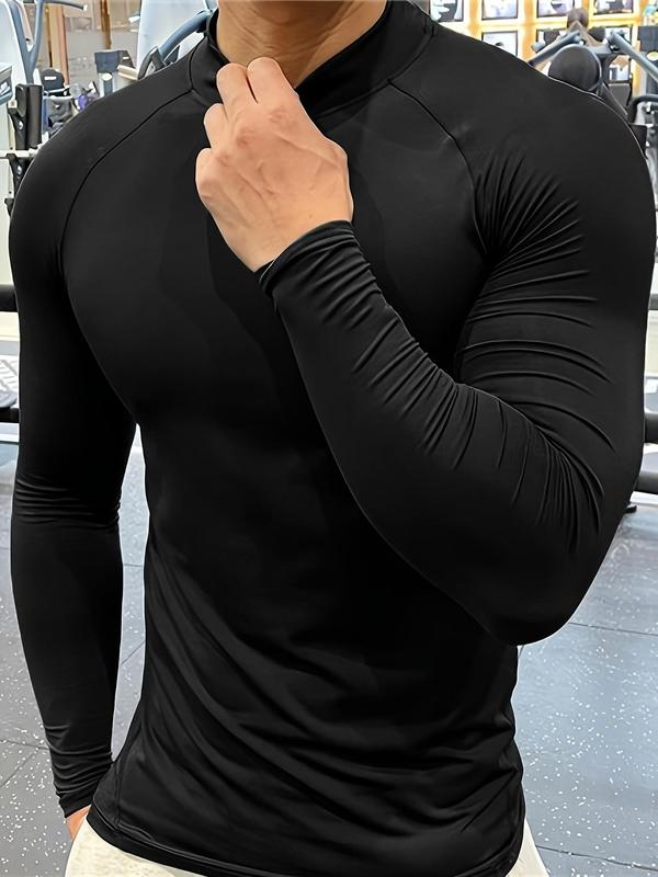 Men's Solid Long Sleeve Compression Sports Tee, Tight-fitting Breathable Quick Drying Sports T-shirt, Men's Sportswear for Indoor Outdoor Wear