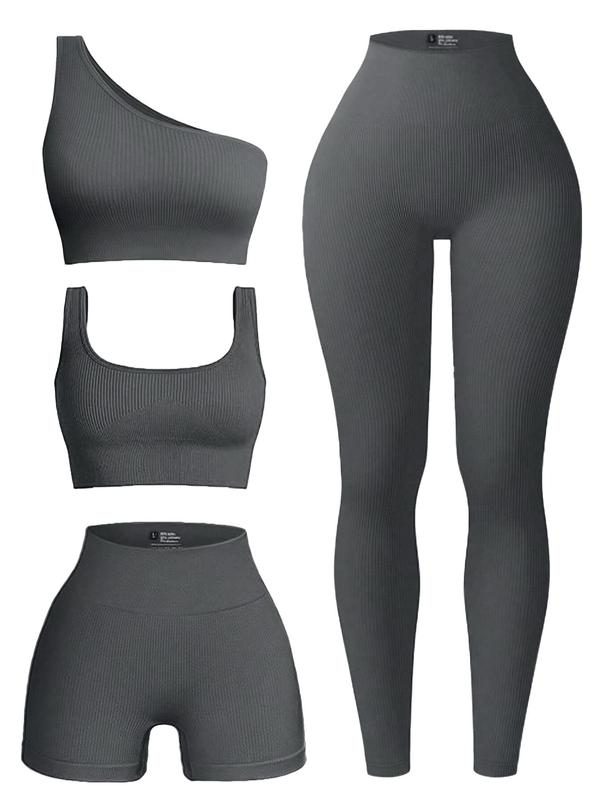 Women's Solid Tracksuit Set, Sporty One Shoulder Crop Top & High Waist Leggings & Crop Tank Top & Skinny Shorts Set, Back-to-school Clothing, Designer Sweatsuits, Gym Sets, Fall Gym Clothes, Jogging Suit Set, Black Girl Outfits, Tracksuit for Women