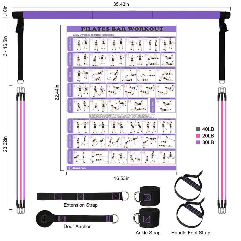 Portable Pilates Bar Kit with Resistance Bands for Men and Women - 3 Set Exercise Resistance Bands - Multifunctional Home Gym - Supports Full-Body Workouts – with Fitness Poster and Video