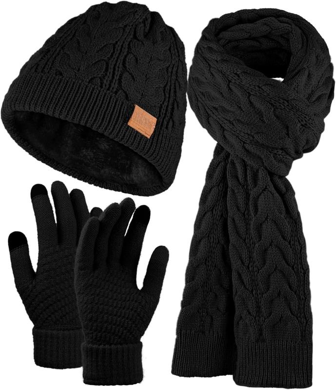 Winter Warm Knit Scarf Beanie Hat Touchscreen Gloves Set Warmer Long Scarf Set for Men and Women