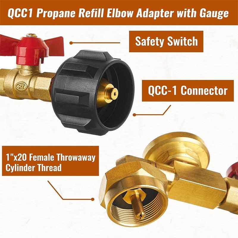 Propane Refill Adapter with Valve & Gauge, Fits QCC1   Type1 Propane Tank and 1 lb Throwaway Disposable Cylinder Propane Bottle Connector