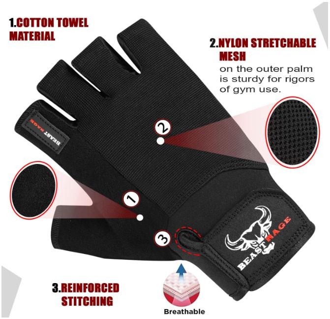 BEAST RAGE Workout Gloves for Men, Durable Palm Grip Gym Gloves Women Half Finger Elasticated Training Weight Lifting Strength Bodybuilding Anti Slip Cycling Gloves Exercise - Size L