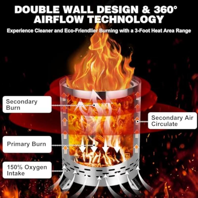 Tabletop Fire Pit with Stand,Low Smoke, 360° Airflow Mini Fire Pit with Double-Wall Design for Safe Outdoor Burning - Includes Travel Bag & Foldable Stand