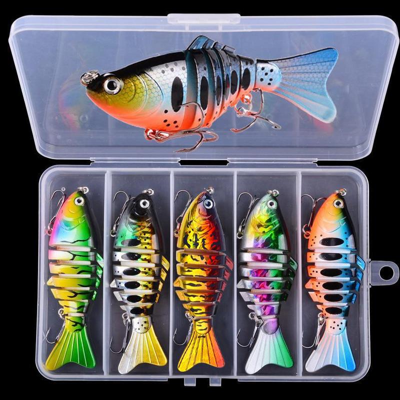 Fishing Lure with Box, 5 Counts Multi Segment Jointed Hard Bait with Hook, Wobblers Swimbait Crankbait Swim Bass for Pike Sinking