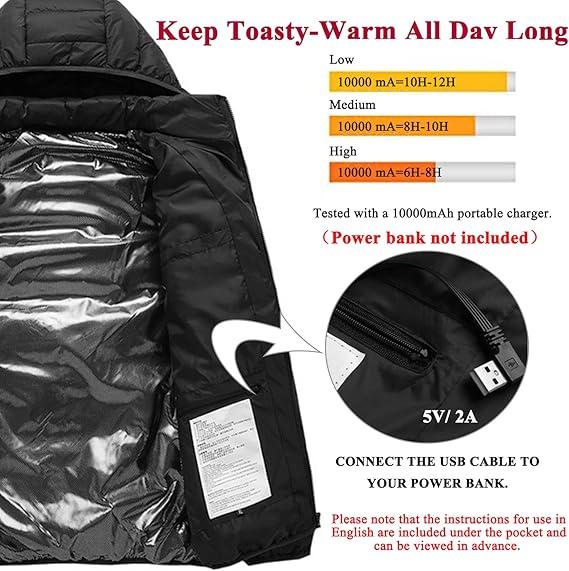 Unisex USB Rechargeable Heated Jacket with Detachable Hood - Waterproof and Warm for Outdoor Sports