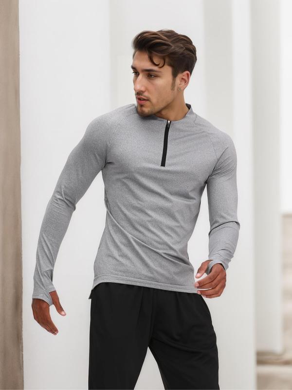 Men's Solid Zip Up Raglan Sleeve Tee, Quick Drying Breathable Long Sleeve T-shirt for Gym Workout Running, Casual Sporty Top for Fall & Winter