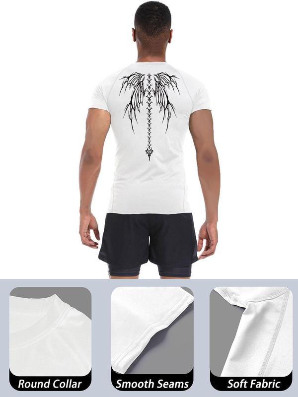 Men's Skull Wing Print Round Neck Sports Tee, Breathable Sweat Absorbing Compression T-shirt, Quick Drying Short Sleeve T-shirt for Outdoor Gym Running