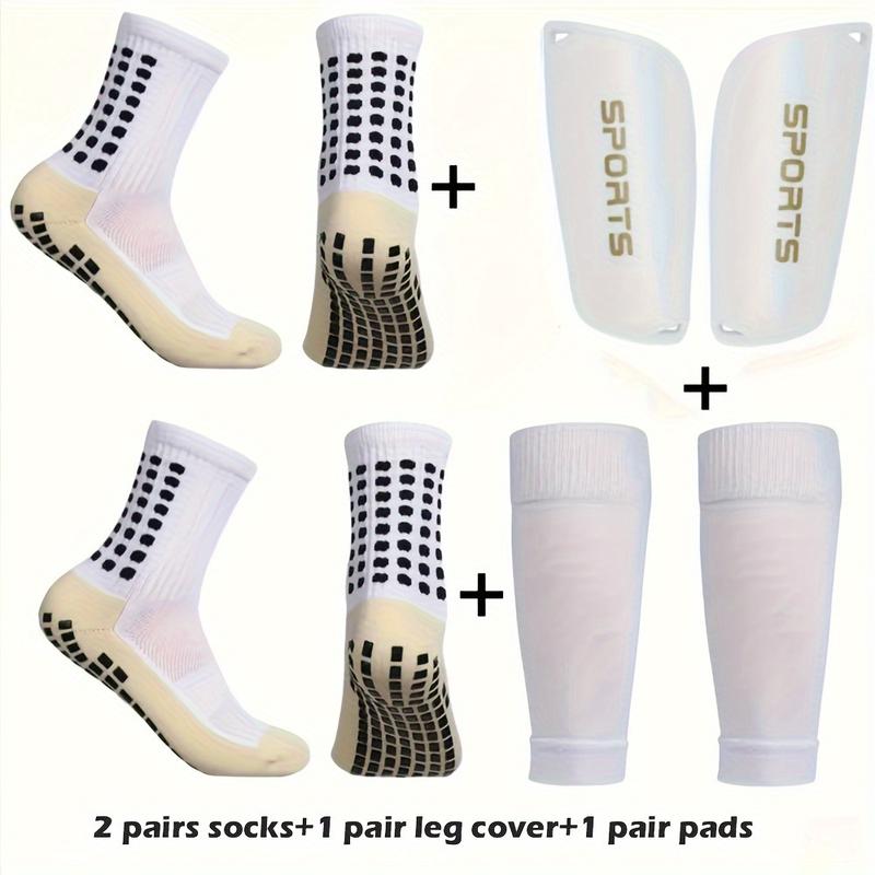 2 Pairs of Mid-Tube Anti-Slip Socks Plus 1 Pair of Protective Covers and 1 Pair of Shin Guards - Professional Training Football Socks with Machine Wash, Solid Color, Knit Fabric, and Tube Socks Design for Men and Women