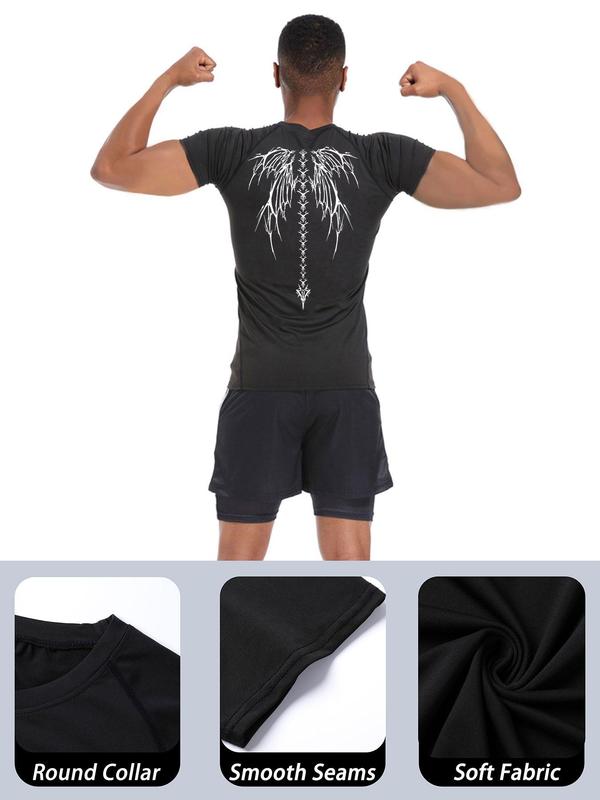 Men's Skull Wing Print Round Neck Sports Tee, Breathable Sweat Absorbing Compression T-shirt, Quick Drying Short Sleeve T-shirt for Outdoor Gym Running