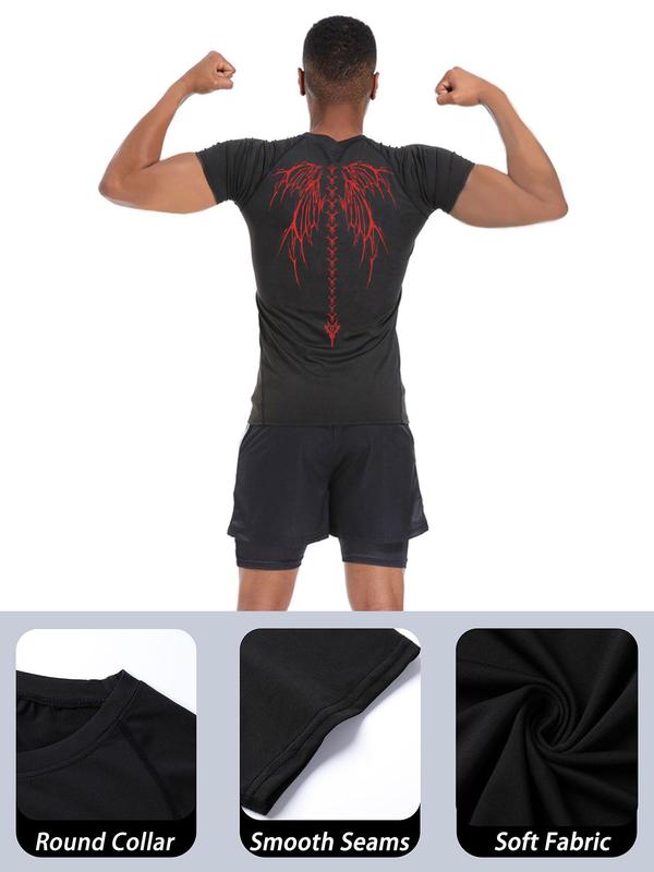 Men's Skull Wing Print Round Neck Sports Tee, Breathable Sweat Absorbing Compression T-shirt, Quick Drying Short Sleeve T-shirt for Outdoor Gym Running