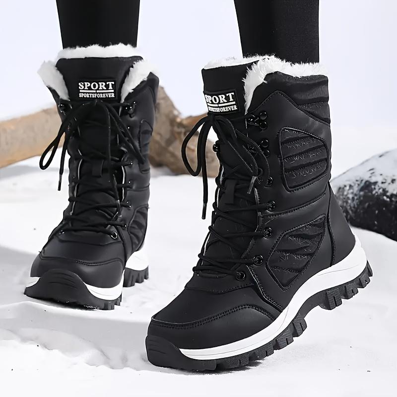 Women's Winter Mid-Calf Snow Boots, Warmth Retention Material Lining, Durable Non-Slip Outdoor Hiking Shoes, Solid Color, Standard Toe Holder, Ultra-Fine Artificial Leather, Brie, Rubber Sole, Random Printing.