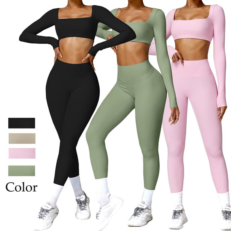 Women's 2 Piece Workout Set - Twist Front Long Sleeve Crop Top and High Waist Flared Leggings in Solid Color Nylon Elastane