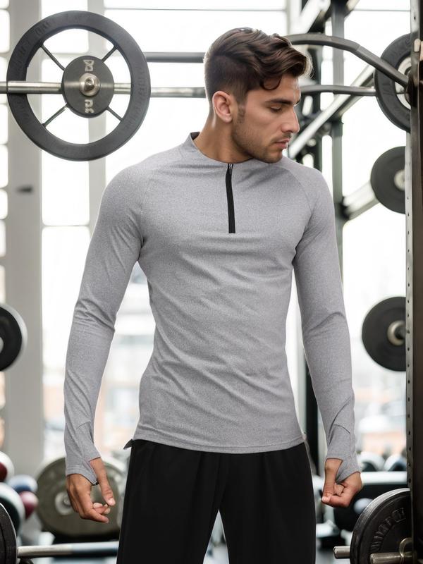 Men's Solid Zip Up Raglan Sleeve Tee, Quick Drying Breathable Long Sleeve T-shirt for Gym Workout Running, Casual Sporty Top for Fall & Winter