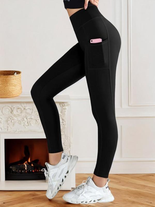 Women's High Waisted Sports Leggings with Phone Pocket, Solid High Stretch Butt Lifting Leggings, Gym Yoga Workout Skinny Pants, Sportswear Clothing, Fall Outfits 2024