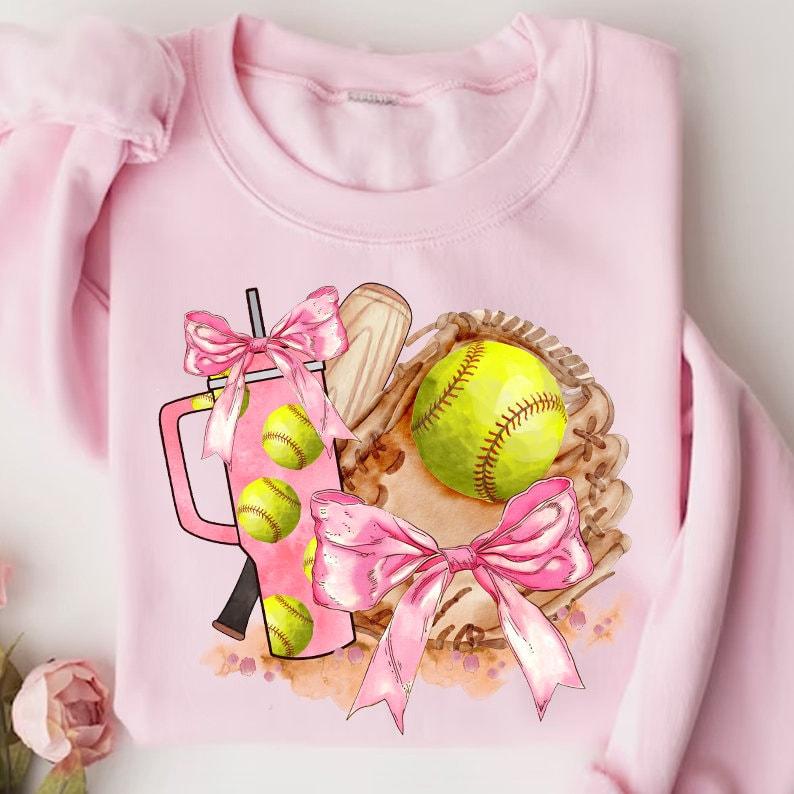 Softball Coquette Bow Sweatshirt, Soft Girl Era Shirt, Coquette Pink Bow Softball T-Shirt, Softball Mom Shirt, Sport Girl Tee