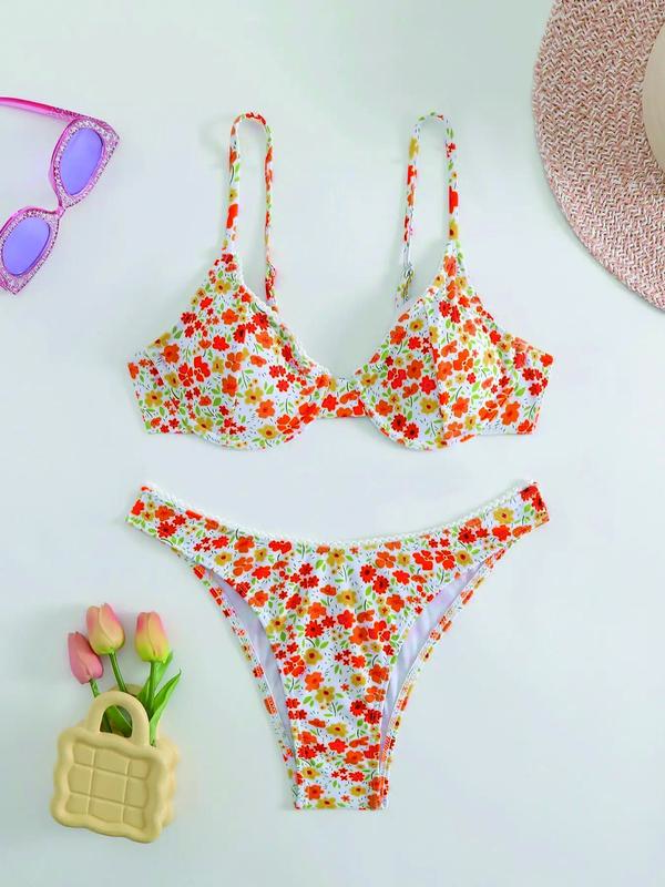 Women's Ditsy Floral Print Bikini Set, Fashion Push Up Bikini Top & High Cut Bikini Bottom, Ladies Back To School Summer Swimwear for Beach Holiday Vacation