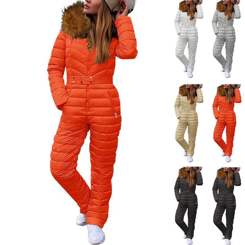 Tankaneo Womens One Piece Ski Suits Winter Outdoor Sports Jumpsuit Fur Collar Coat Windproof Waterproof Hooded Snowsuit