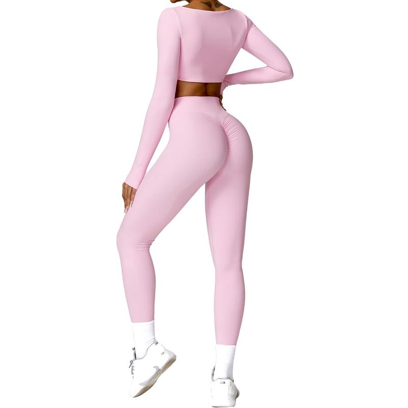 Women's 2 Piece Workout Set - Twist Front Long Sleeve Crop Top and High Waist Flared Leggings in Solid Color Nylon Elastane