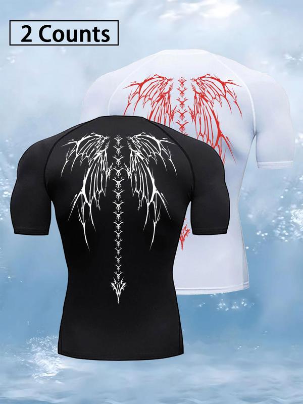 Men's Skull Wing Print Round Neck Sports Tee, Breathable Sweat Absorbing Compression T-shirt, Quick Drying Short Sleeve T-shirt for Outdoor Gym Running