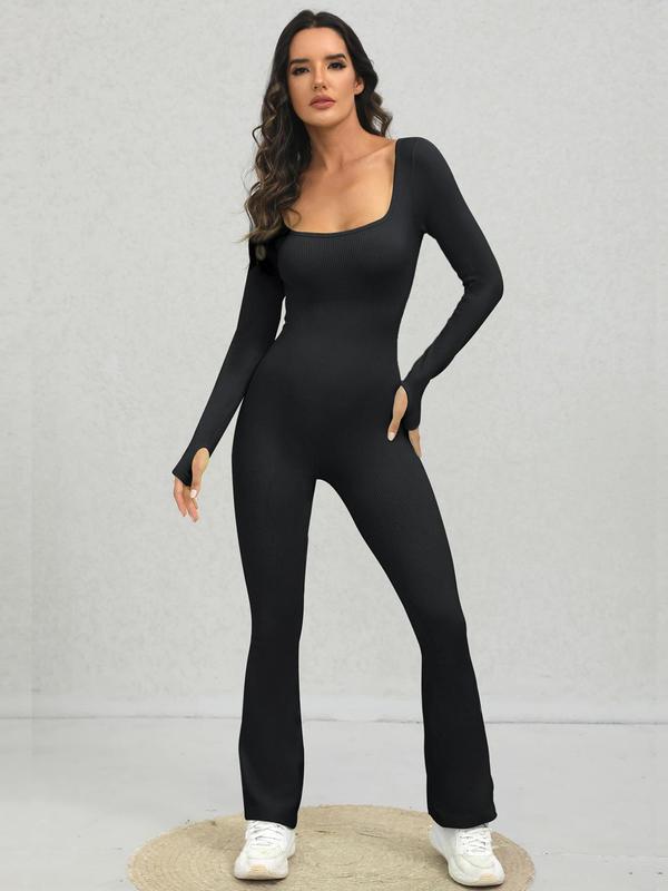 Women's Ribbed Long Sleeve Sports Flare Leg Jumpsuit, Lady Sports Basic Comfort Workout Long Sleeve Bell Bottom Jumpsuit, Seamless One-piece Yoga Suit