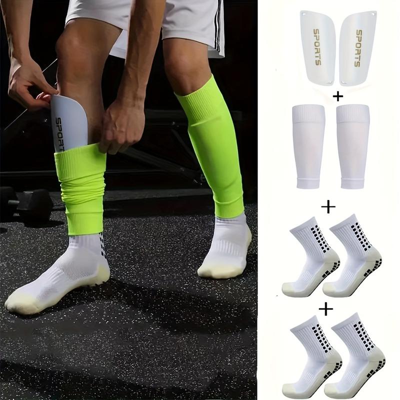 2 Pairs of Mid-Tube Anti-Slip Socks Plus 1 Pair of Protective Covers and 1 Pair of Shin Guards - Professional Training Football Socks with Machine Wash, Solid Color, Knit Fabric, and Tube Socks Design for Men and Women