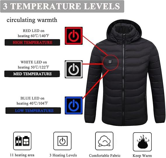 Unisex USB Rechargeable Heated Jacket with Detachable Hood - Waterproof and Warm for Outdoor Sports