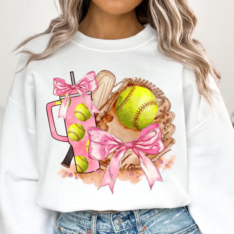 Softball Coquette Bow Sweatshirt, Soft Girl Era Shirt, Coquette Pink Bow Softball T-Shirt, Softball Mom Shirt, Sport Girl Tee