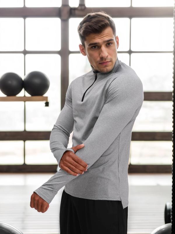 Men's Solid Zip Up Raglan Sleeve Tee, Quick Drying Breathable Long Sleeve T-shirt for Gym Workout Running, Casual Sporty Top for Fall & Winter