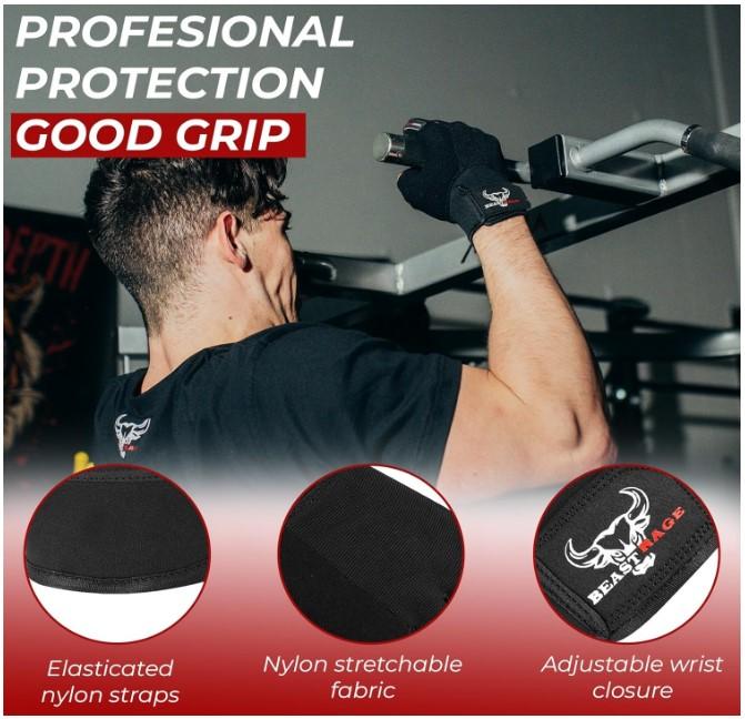 BEAST RAGE Workout Gloves for Men, Durable Palm Grip Gym Gloves Women Half Finger Elasticated Training Weight Lifting Strength Bodybuilding Anti Slip Cycling Gloves Exercise - Size L