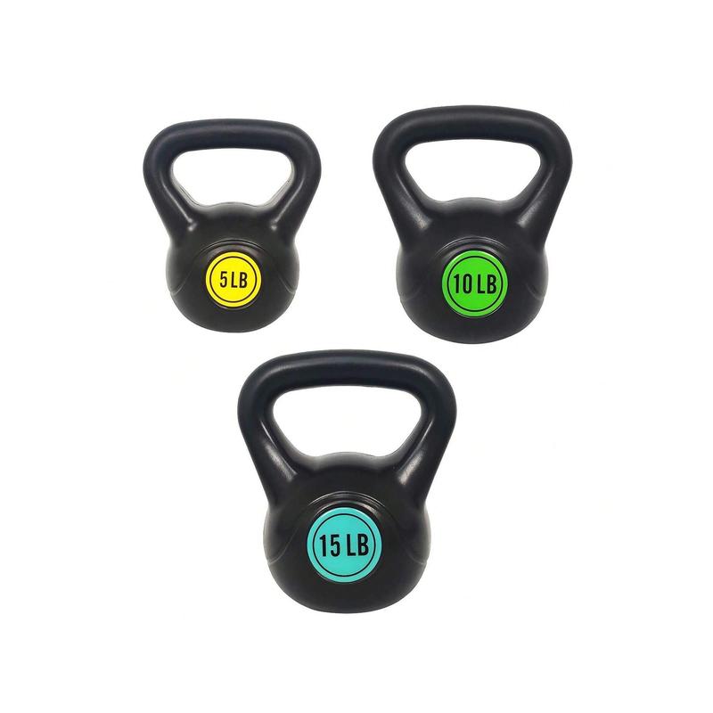 Wide Grip Kettlebell Exercise Fitness Weight Set, 3-Pieces: 5lb, 10lb, And 15lb Kettlebells