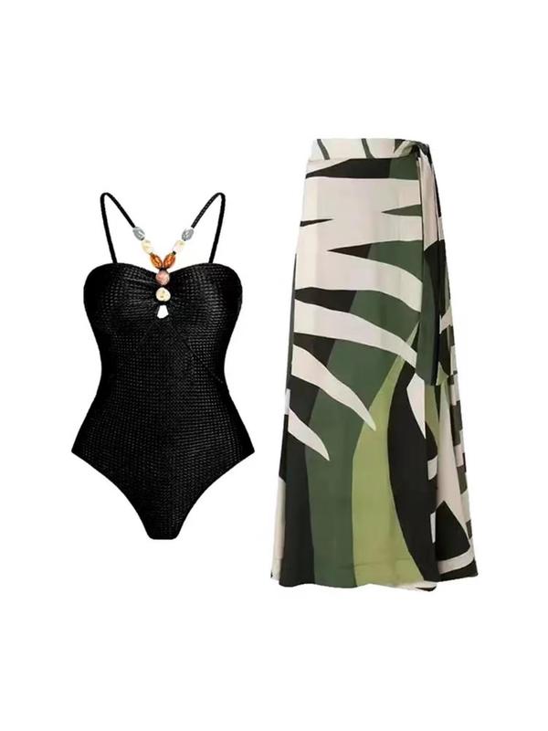 Two-Piece Set Women's Beaded Decor Swimsuits Set, Casual Lace Up One-piece Swimsuit & All Over Print Beach Skirt Set, Summer Swimsuit Sets, Bathing Suits 2024 for Women, Swimsuit for Women Back To School, Minimalistic Outfit