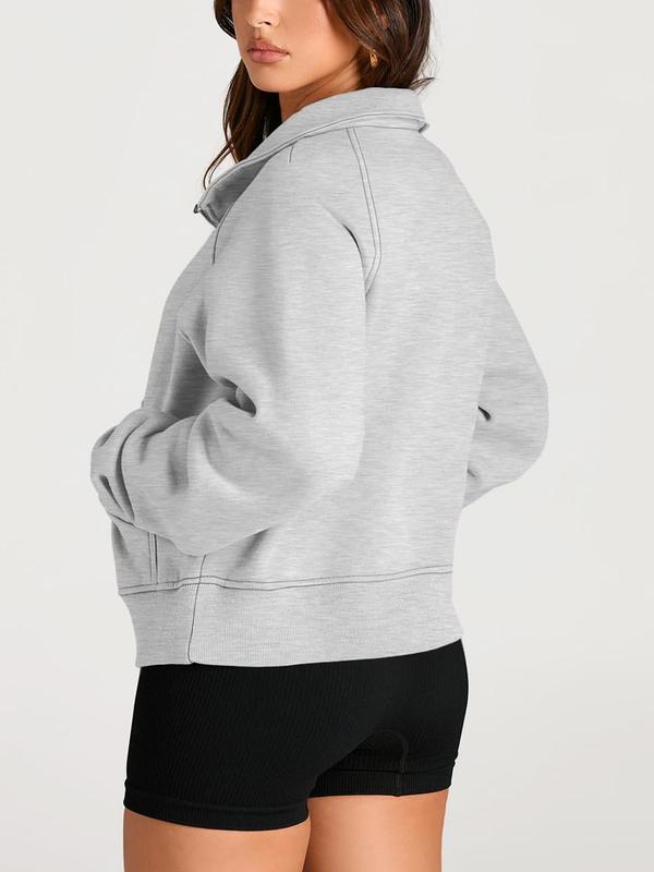 Women's Solid Zip Up Sports Sweatshirt, Sporty Long Sleeve Kangaroo Pocket Pullover for Fall, Women's Sportswear for Indoor Outdoor Wear, Fall Clothes