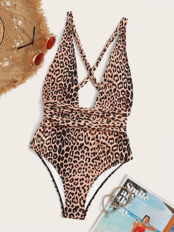 Women's Leopard Print Criss Cross Wrap Knot Swimsuit, Casual Backless One Piece Swimwear, 2024 Summer Bathing Suits, Women's Swimsuit