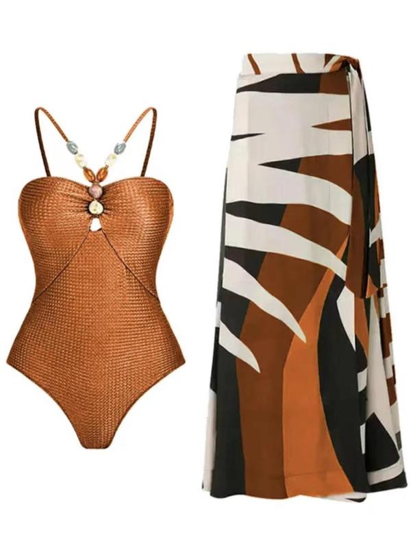 Two-Piece Set Women's Beaded Decor Swimsuits Set, Casual Lace Up One-piece Swimsuit & All Over Print Beach Skirt Set, Summer Swimsuit Sets, Bathing Suits 2024 for Women, Swimsuit for Women Back To School, Minimalistic Outfit