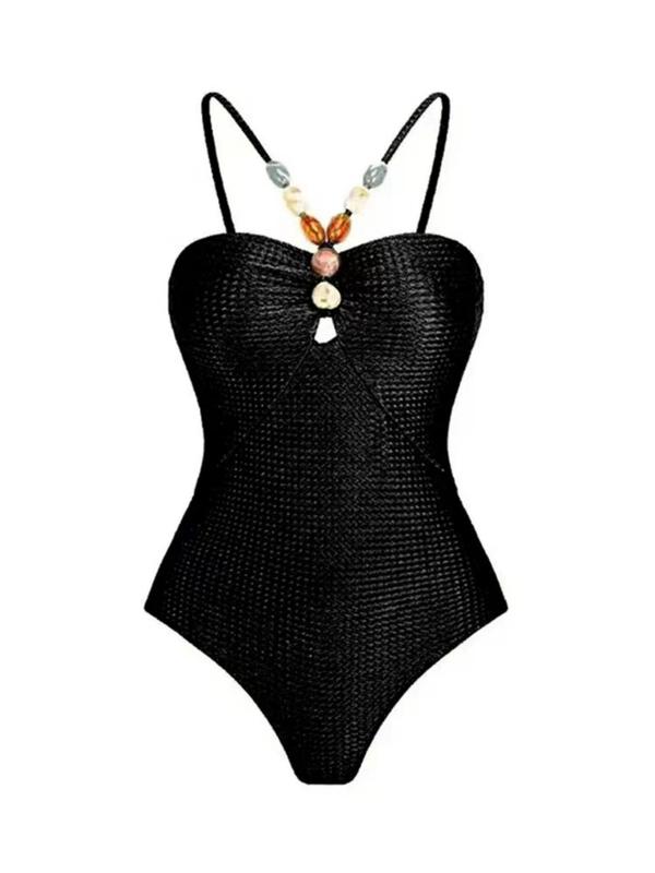 Two-Piece Set Women's Beaded Decor Swimsuits Set, Casual Lace Up One-piece Swimsuit & All Over Print Beach Skirt Set, Summer Swimsuit Sets, Bathing Suits 2024 for Women, Swimsuit for Women Back To School, Minimalistic Outfit