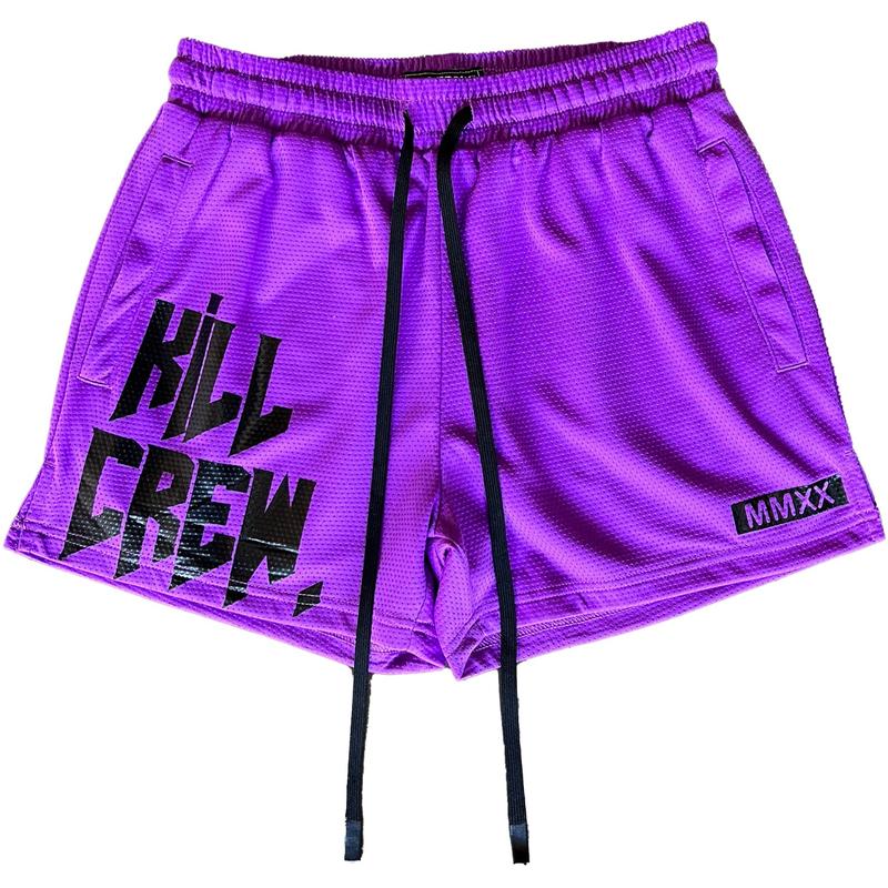 [Kill Crew] Muay Thai Shorts Logo - Purple, Unisex, Mid Thigh Cut, Pockets, Gym Shorts, Elastic Waistband, Long drawcord with wax tips