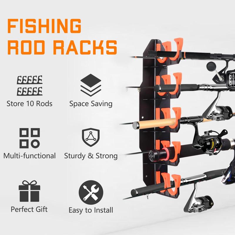 Hikeen Fishing Rod Holders, Fishing Pole Holders for Garage, Wall or Ceiling Mounted Fishing Rod Rack Holds 10 Rods