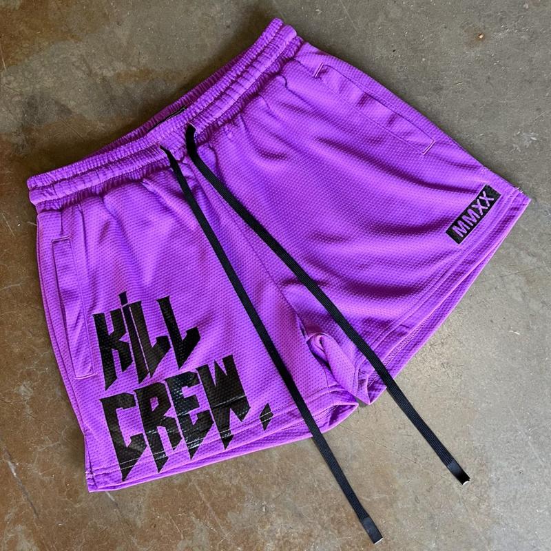 [Kill Crew] Muay Thai Shorts Logo - Purple, Unisex, Mid Thigh Cut, Pockets, Gym Shorts, Elastic Waistband, Long drawcord with wax tips