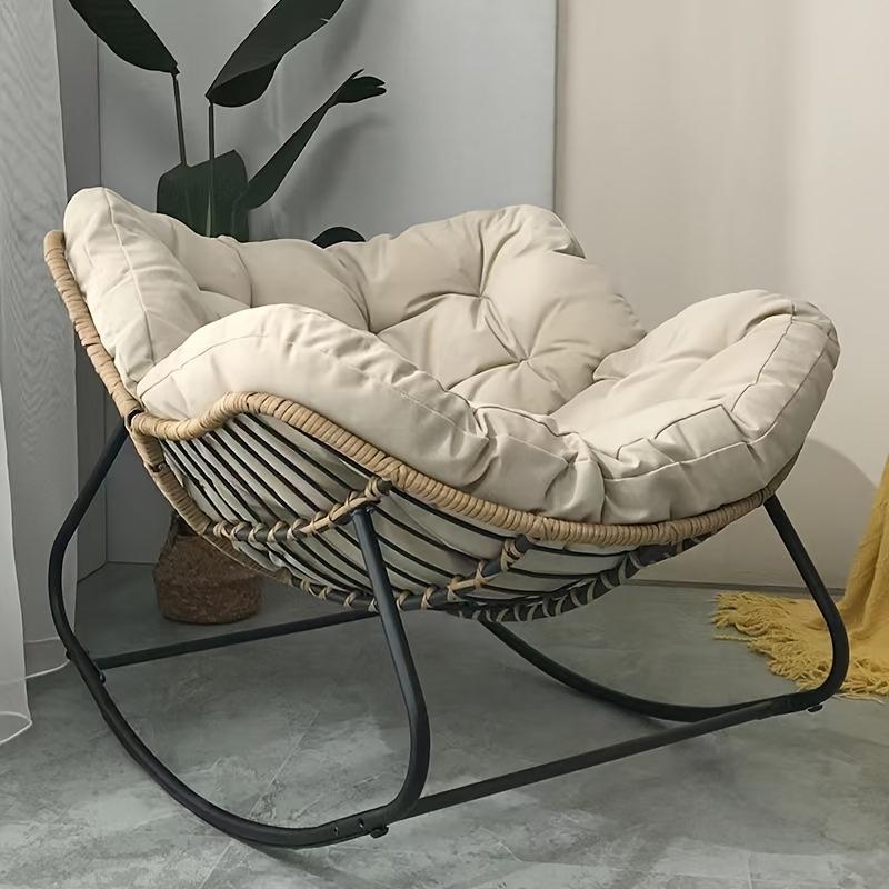 Single Rattan Steel Frame Adult Rocking Chair with Cushion, Outdoor Leisure Sofa for Balcony, Camping, Hiking, Home Furniture