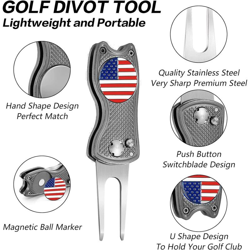 Divot Repair Tool with American Flag Ball Marker - Compact, Foldable Design for Easy Greens Maintenance and Proud Play 4-in-1 golf gift golf accessory