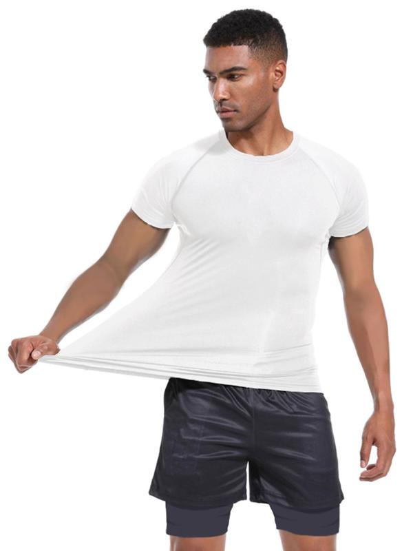 Men's Plain Contrast Binding Round Neck Sports Tee, Tight Sporty Quick Drying Breathable Short Sleeve Compression T-shirt for Gym Workout Running, Men's Sportswear for Summer