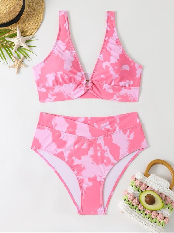 Women's All Over Print Bikini Set, Casual V Neck O-ring Padded Swim Bra & Wrap High Waist Swim Panty, Two-piece Swimsuit for Summer Beach Holiday