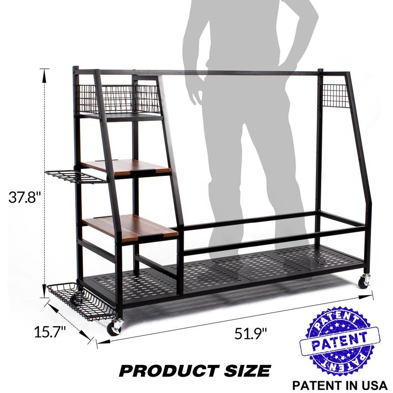 Sttoraboks Golf Bags Storage Garage Organizer, Golf Bag Rack Fits 3 Golf Bags and Golf Equipment Accessories, Golf Club Storage Stand with Wooden Shelf and Lockable Wheels for Garage Indoor Basement