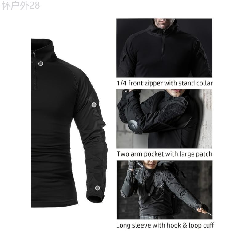 Men's Tactical Training Top - Long Sleeve Cotton Stretch Shirt with Half Zipper, Side Pockets, and Stand Collar for Outdoor Sports and Fitness - Breathable, Moisture-Wicking, and Quick-Drying