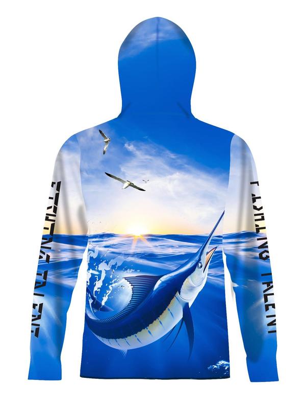 Men's All Over Print Zip Up Hooded Rashguard, Regular Fit Casual Sporty Breathable Long Sleeve Hooded Top for Summer, Men's Sportswear for Outdoor Fishing