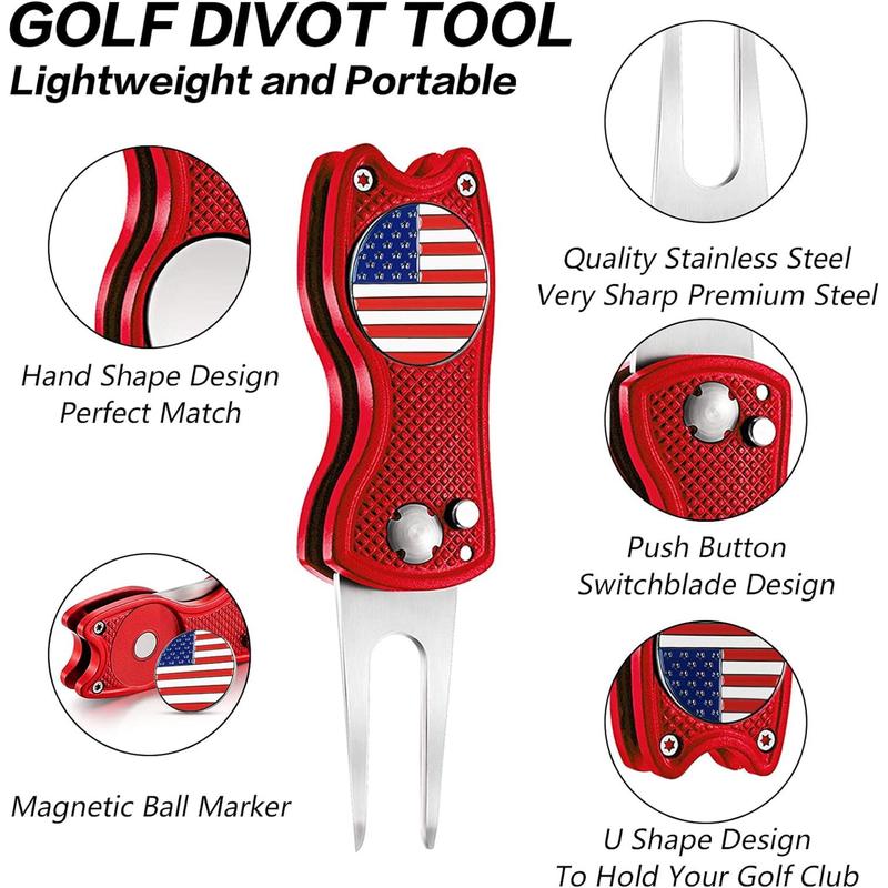 Divot Repair Tool with American Flag Ball Marker - Compact, Foldable Design for Easy Greens Maintenance and Proud Play 4-in-1 golf gift golf accessory