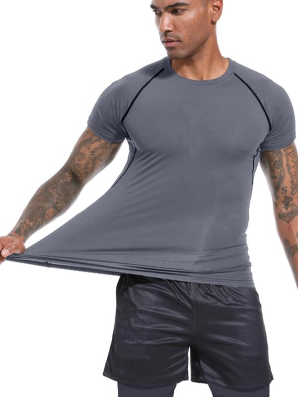 Men's Plain Contrast Binding Round Neck Sports Tee, Tight Sporty Quick Drying Breathable Short Sleeve Compression T-shirt for Gym Workout Running, Men's Sportswear for Summer