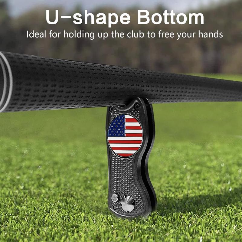 Divot Repair Tool with American Flag Ball Marker - Compact, Foldable Design for Easy Greens Maintenance and Proud Play 4-in-1 golf gift golf accessory